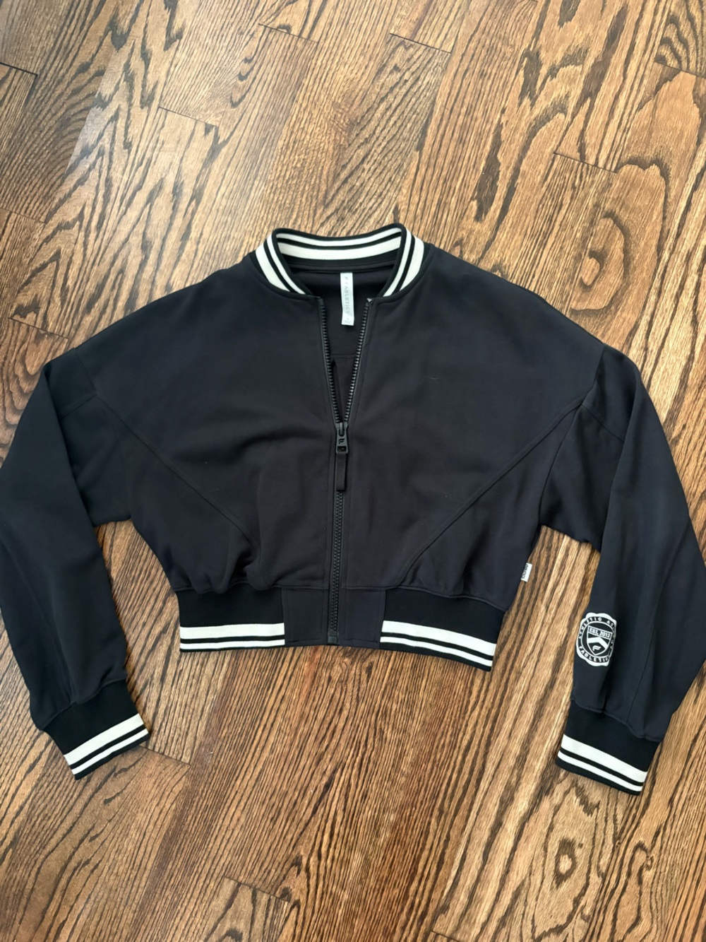 Fabletics Black Cropped Varsity Jacket with White Stripe Trim
